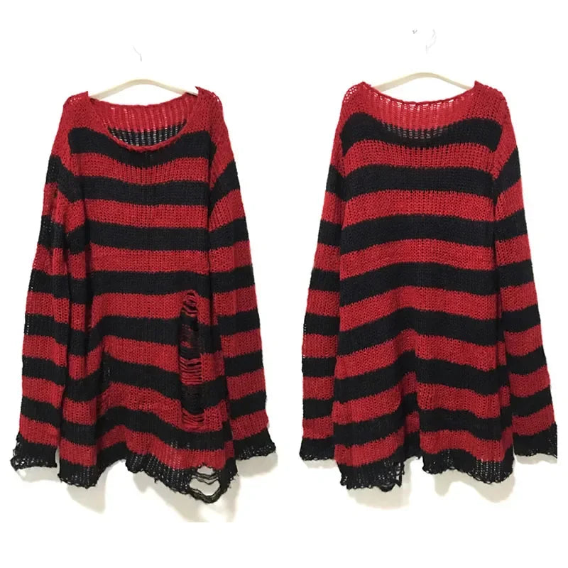 Purple Black Gradient Punk Gothic Long Unisex Sweater Striped Jumper