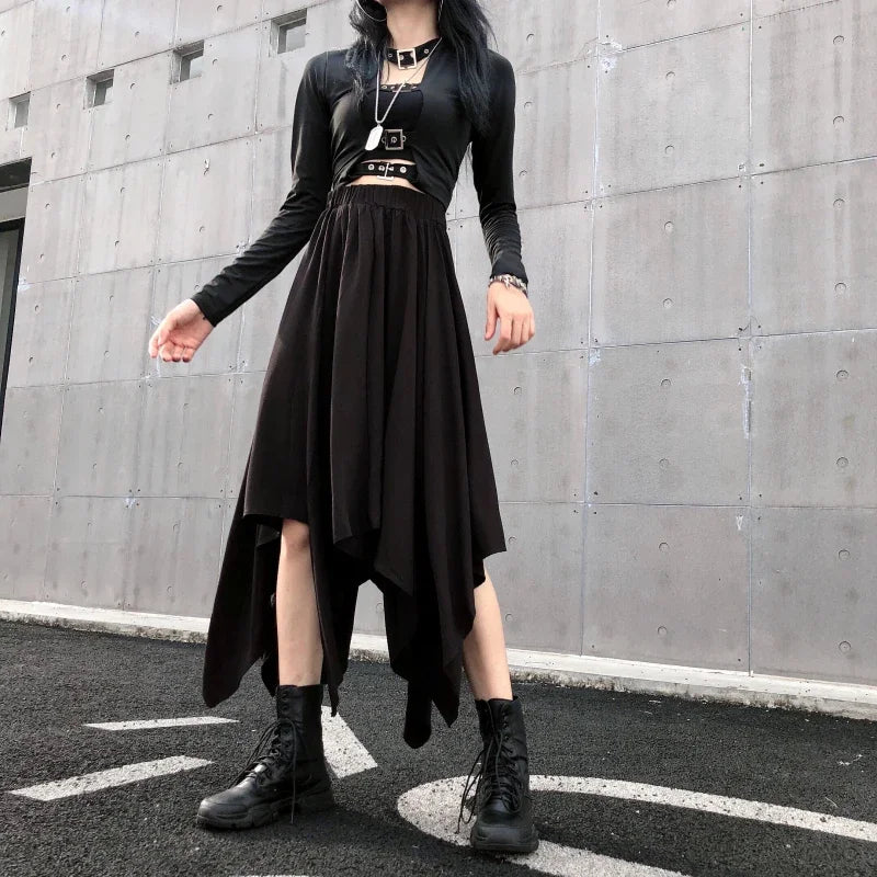 Long Black Punk Gothic Flared Irregular Hem Maxi Skirt