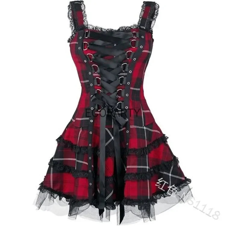 Lolita Gothic Punk Red Tartan Plaid Dress