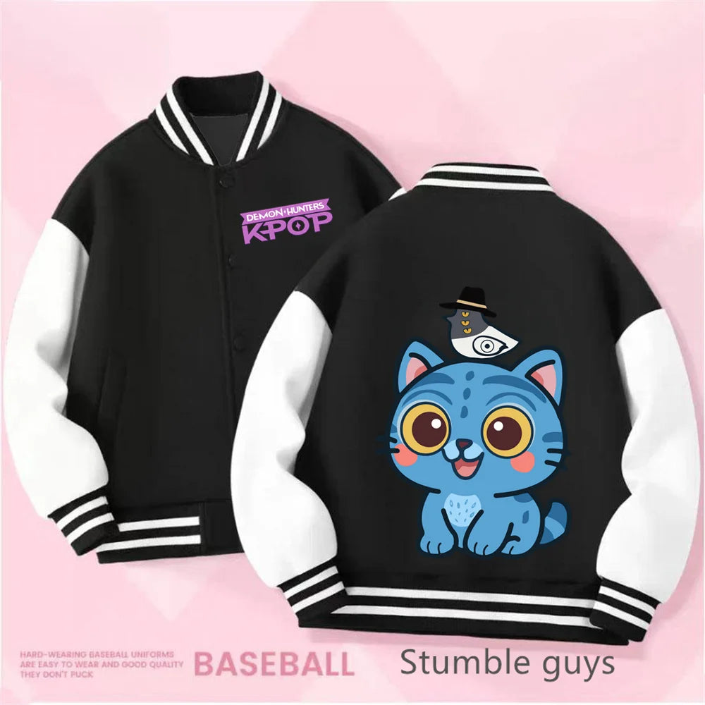 Kpop Demon Hunters Baseball Varsity Jacket Kids Rumi Mira Zoey Huntrix Derpy Tiger Coat Merch Gifts