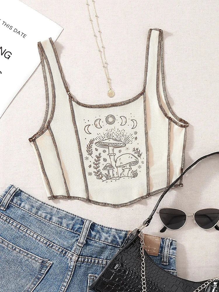 Grunge Pagan Moon Phases Mushroom Print Y2K Crop Tank Top