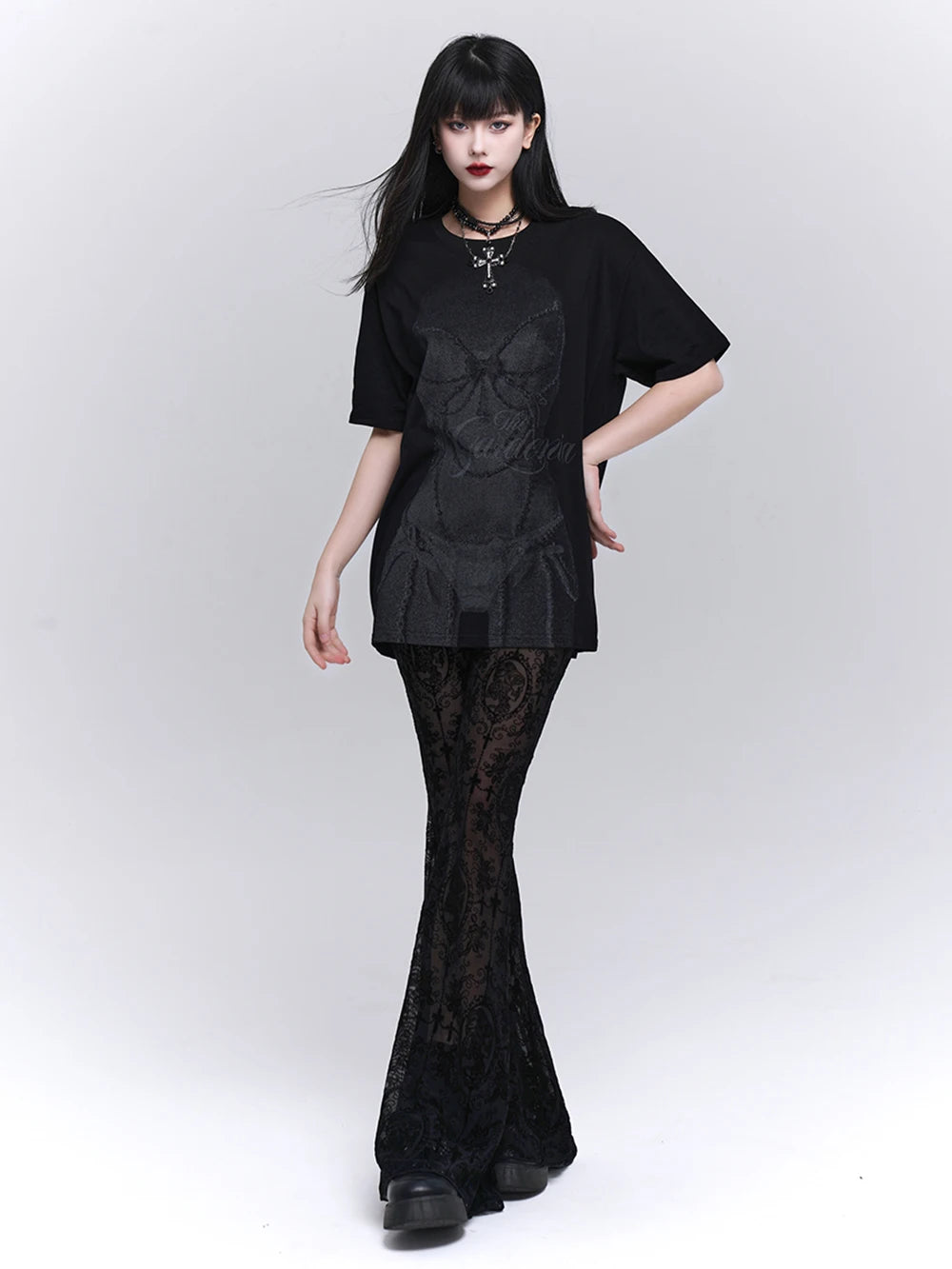 Sexy Black Lace Mesh Bell Bottom Pants Gothic Flare Trousers