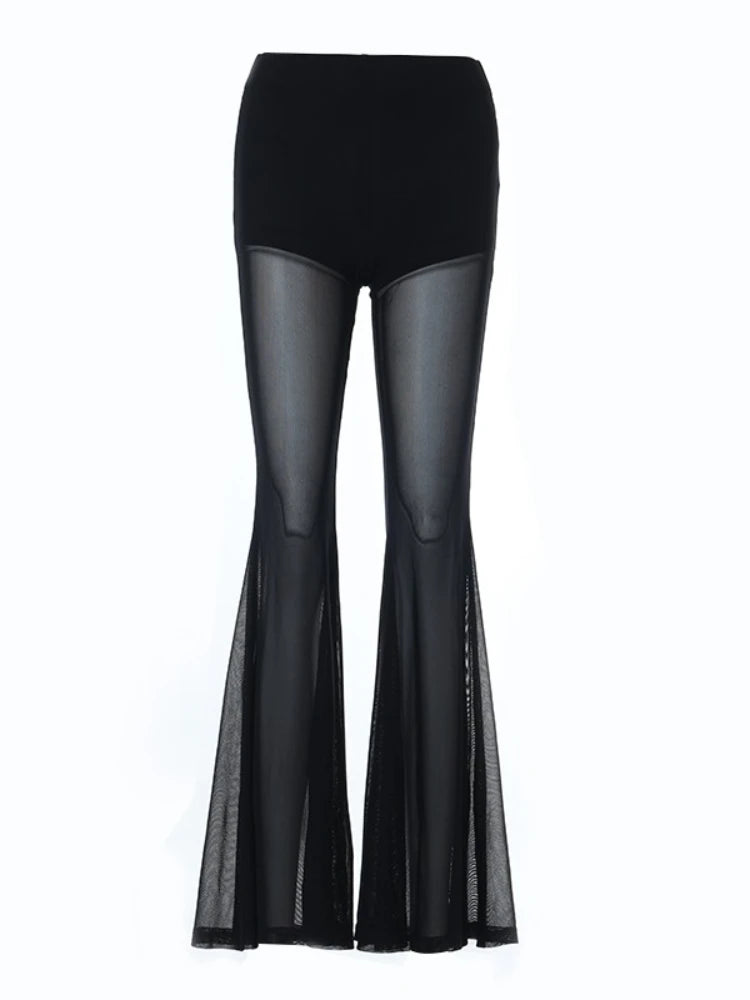 Sexy See Through Pants Women Gothic Grunge Flare Pants Sheer Flare Trousers
