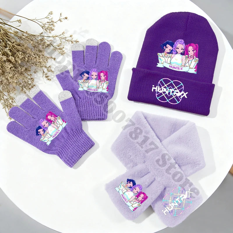 KPop Demon Hunters Kids Winter Knitted Hat Scarf Gloves Set Saja Boys K-pop Merch Huntrix Gifts