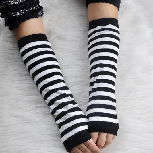 Black White Striped Arm Warmers Sleeves, Fingerless Gloves