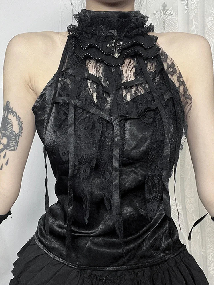 Victorian Gothic Black Lace Ribbon Vest Halter Top