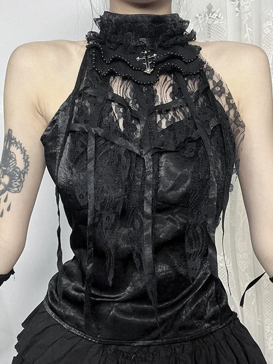 Victorian Gothic Black Lace Ribbon Vest Halter Top
