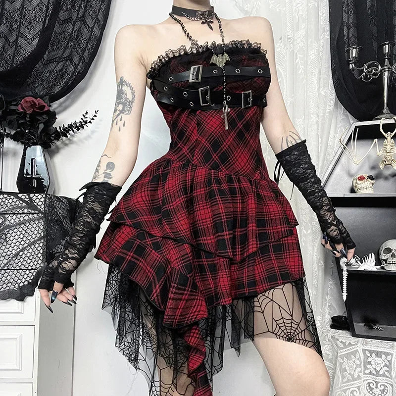 Punk Alternative Red Black Tartan Plaid Belt Buckle Lace Dress
