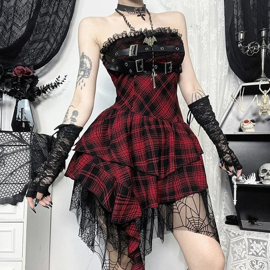 Punk Alternative Red Black Tartan Plaid Belt Buckle Lace Dress