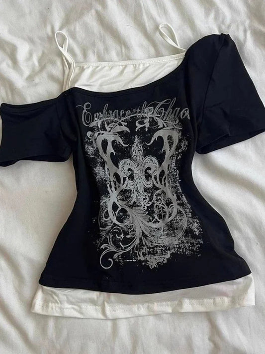Black Gothic Short Sleeve Vest 2 Layer Top Y2K Style