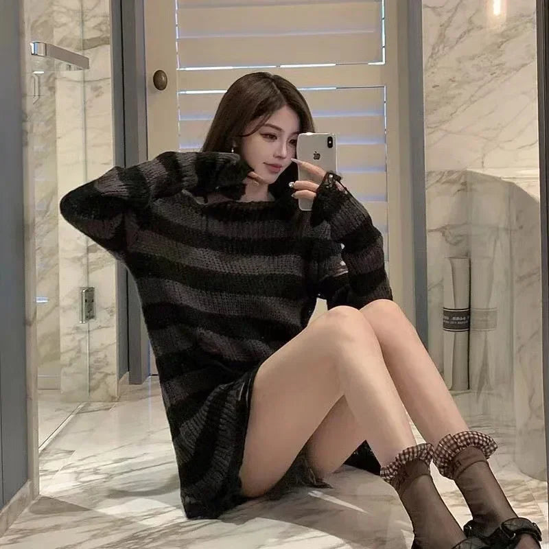 Pink White Punk Gothic Long Unisex Sweater Striped Jumper