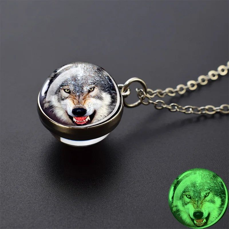 Glow in the Dark Wolf Necklaces Howling Wolf Head and Moon 2CM Glass Ball Pendant Double Sided