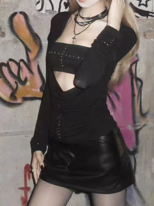 Gothic Alternative Sexy Y2K 2 Pieces Black Long Sleeved Top Boobtube
