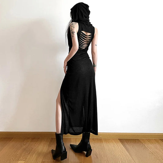 Gothic Ruffles Grunge Mesh Ripped Sleeveless Long Hooded Dress