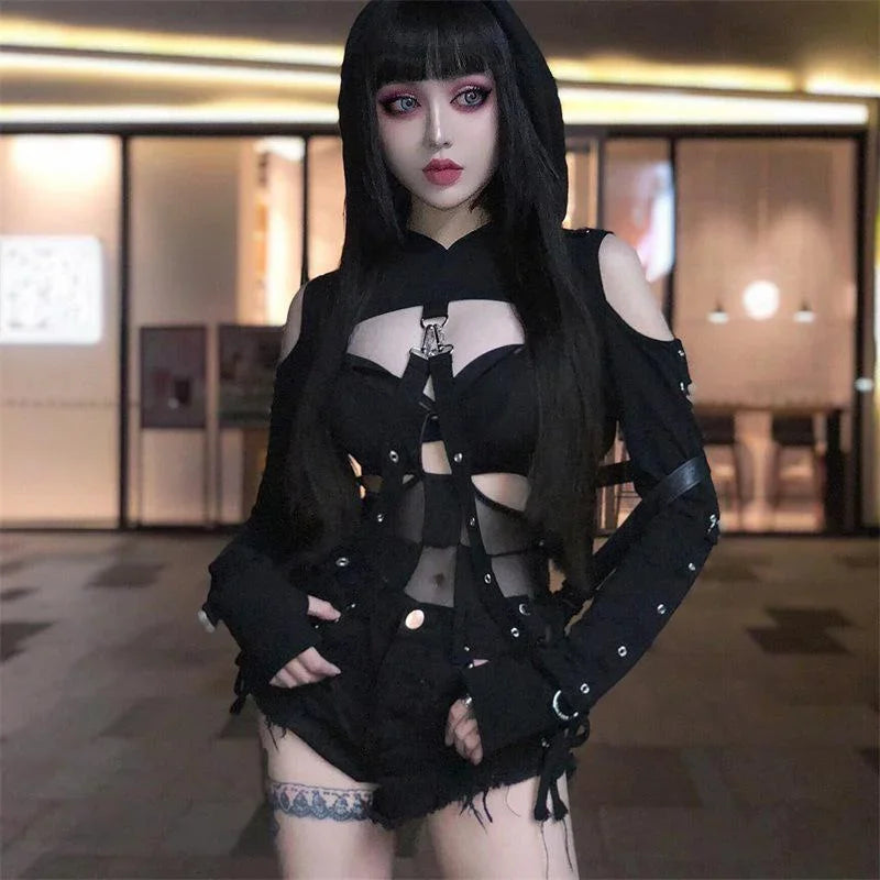 Black Gothic Hooded Crop Top Hoodie Harness Straps Punk Rave Sweater Jacket Shrug