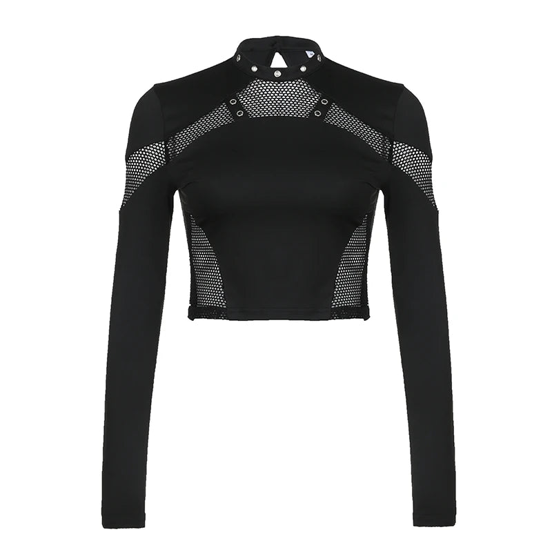 Sexy Gothic Punk Black Fishnet Mesh Long Sleeve Top Rivet Detail