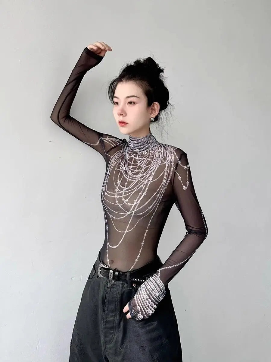 Sexy Gothic Grunge Long Sleeve Mesh Sheer Y2k Top