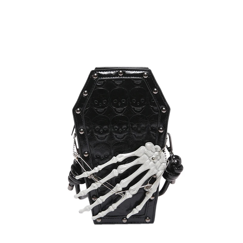 Punk Skull Shoulder Bag PU Leather Retro Gothic Cell Phone Purse Coffin Shape Handbag