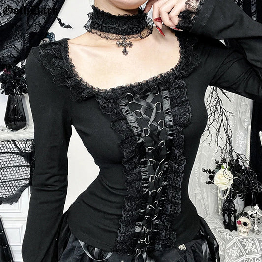 Black Gothic Lace Side Long Sleeve Tops T-shirts Mall Goth