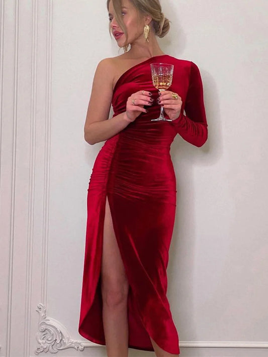 Beautiful Long Red Velvet Asymmetrical Thigh Slit Cocktail Party Dress