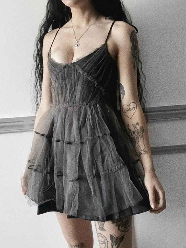 Gothic Black Grey Layered Mesh Flared Mini Dress