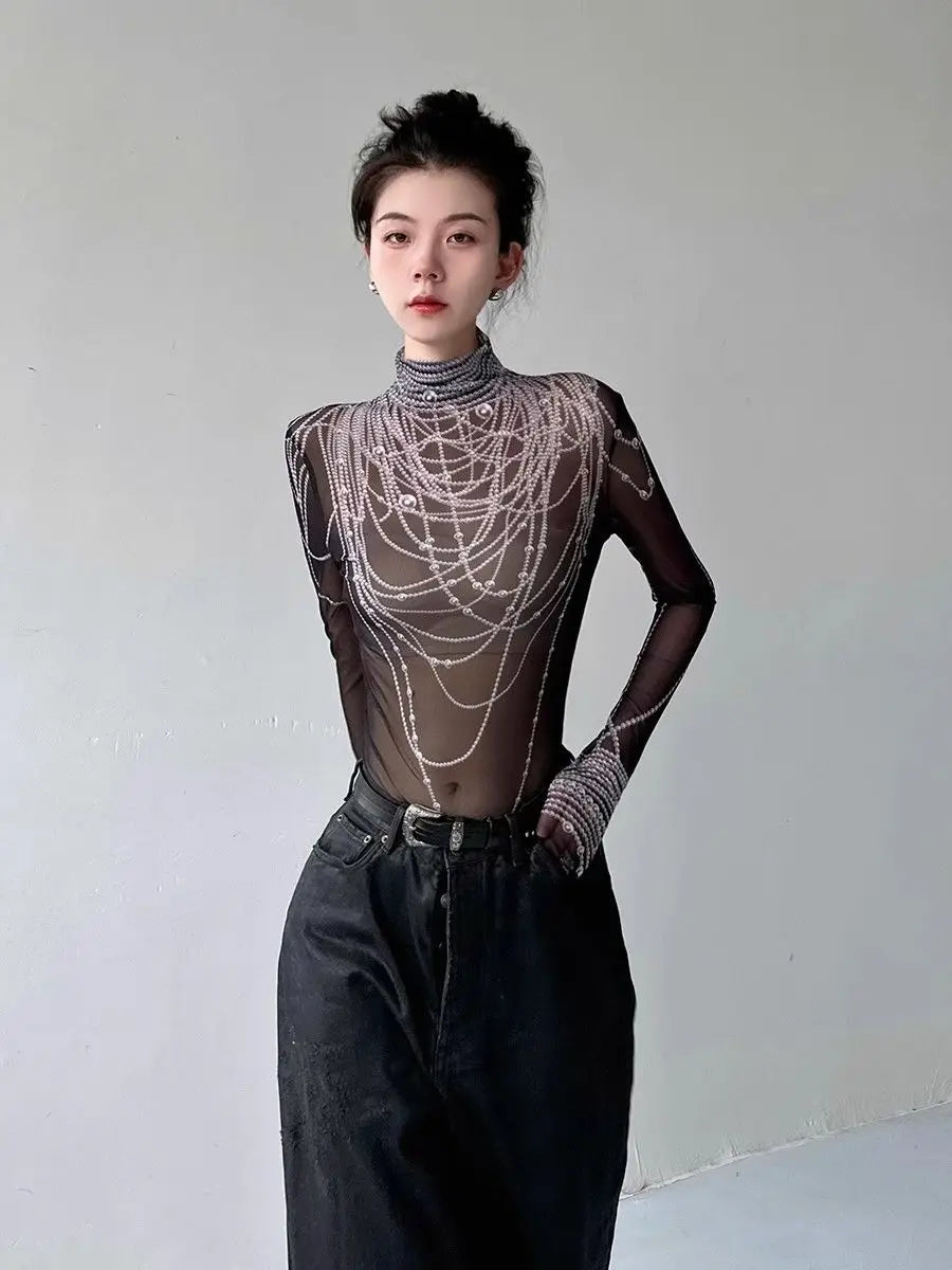 Sexy Gothic Grunge Long Sleeve Mesh Sheer Y2k Top
