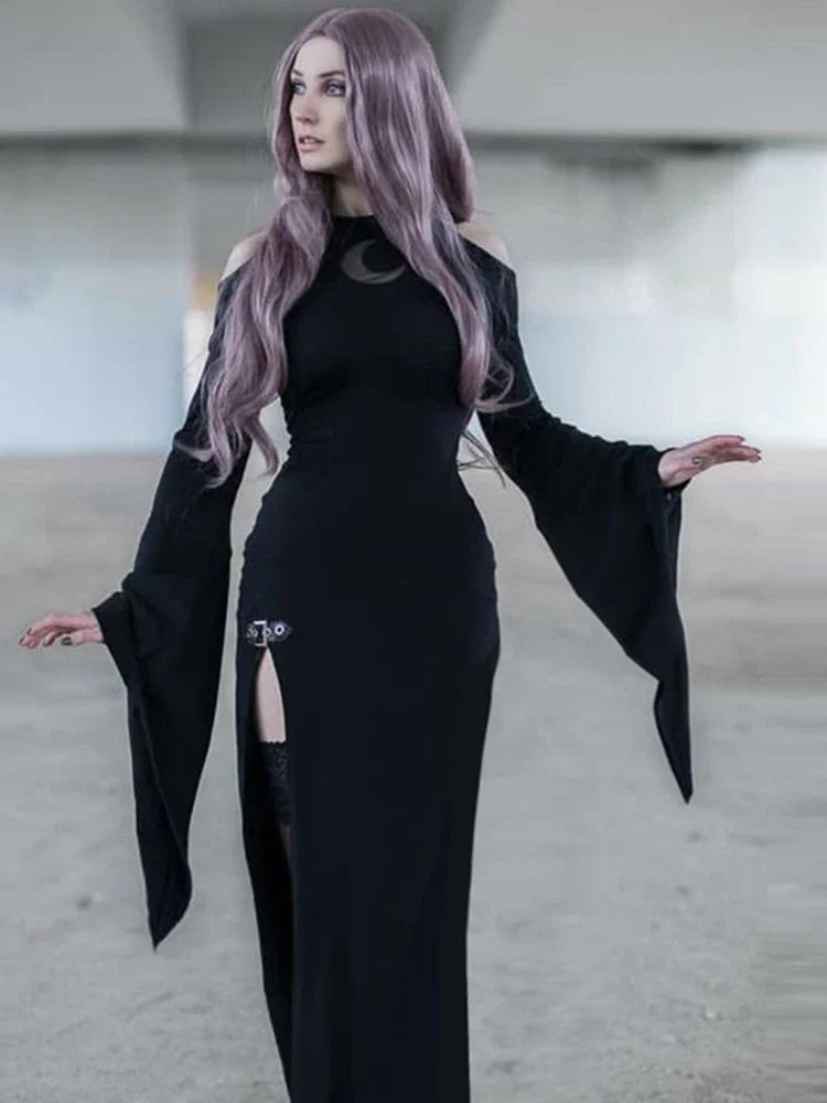 Sexy Black Long Thigh Slit Bodycon Moon Print Maxi Dress