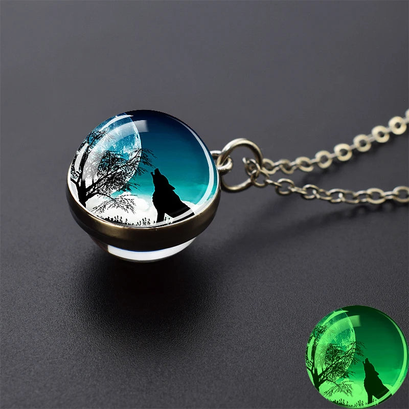 Glow in the Dark Wolf Necklaces Howling Wolf Head and Moon 2CM Glass Ball Pendant Double Sided