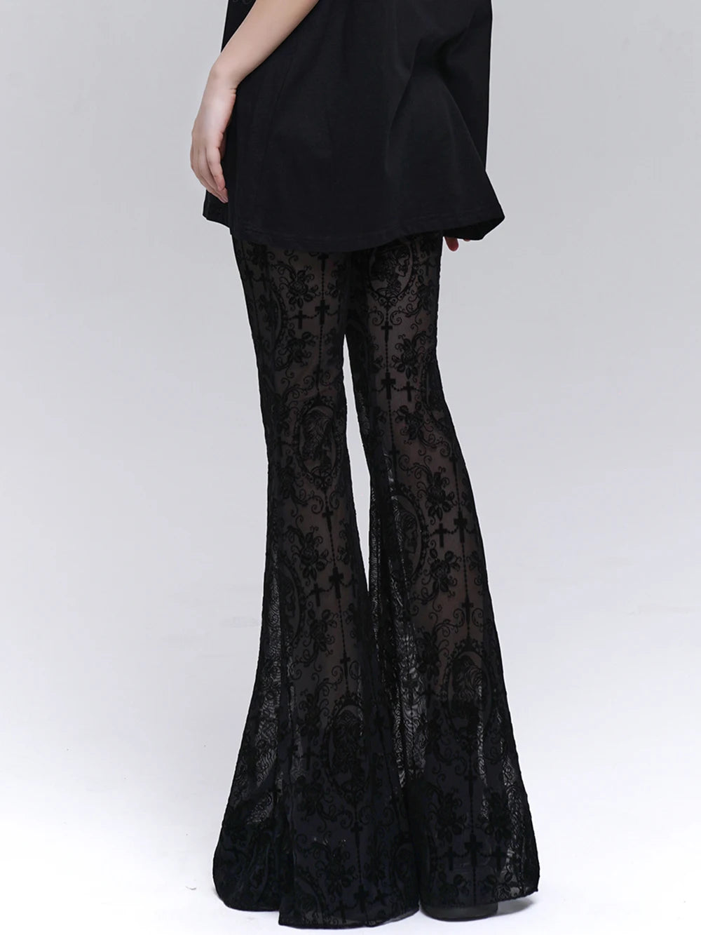 Sexy Black Lace Mesh Bell Bottom Pants Gothic Flare Trousers