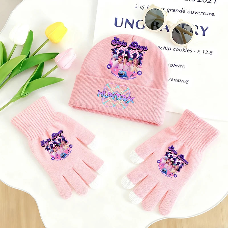 KPop Demon Hunters Knitted Hats Gloves 2pcs Set Huntrix Clothes Gifts