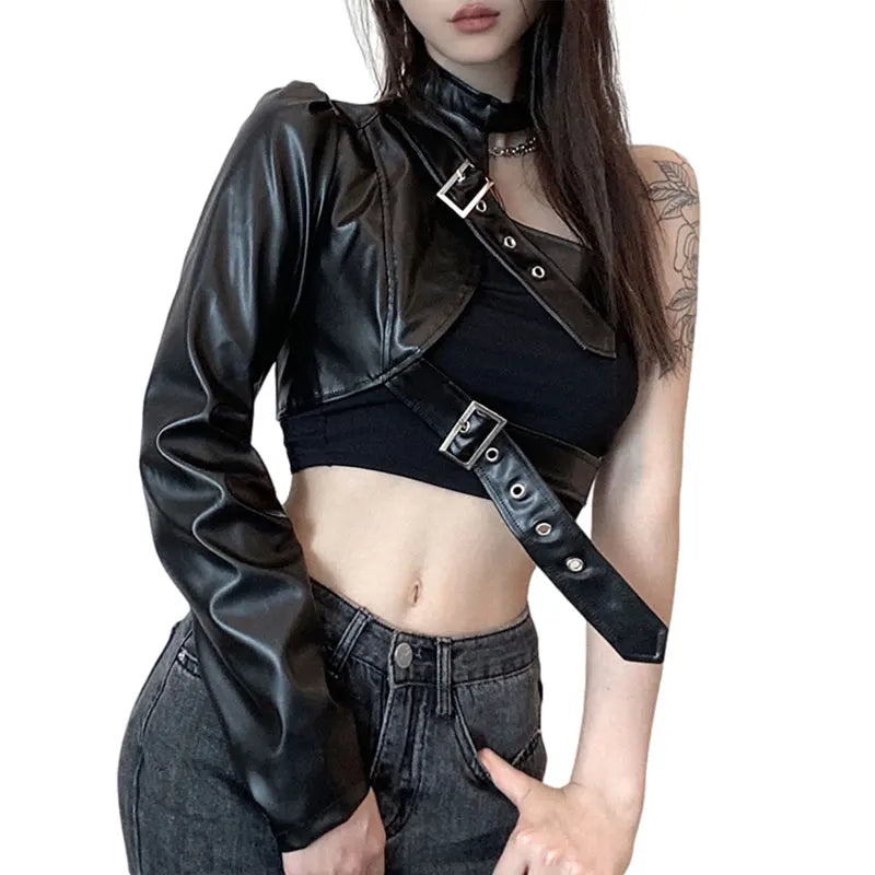 Faux Leather Goth Punk Belt Buckle One Shoulder Jacket Strap Top