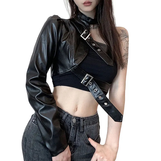 Faux Leather Goth Punk Belt Buckle One Shoulder Jacket Strap Top