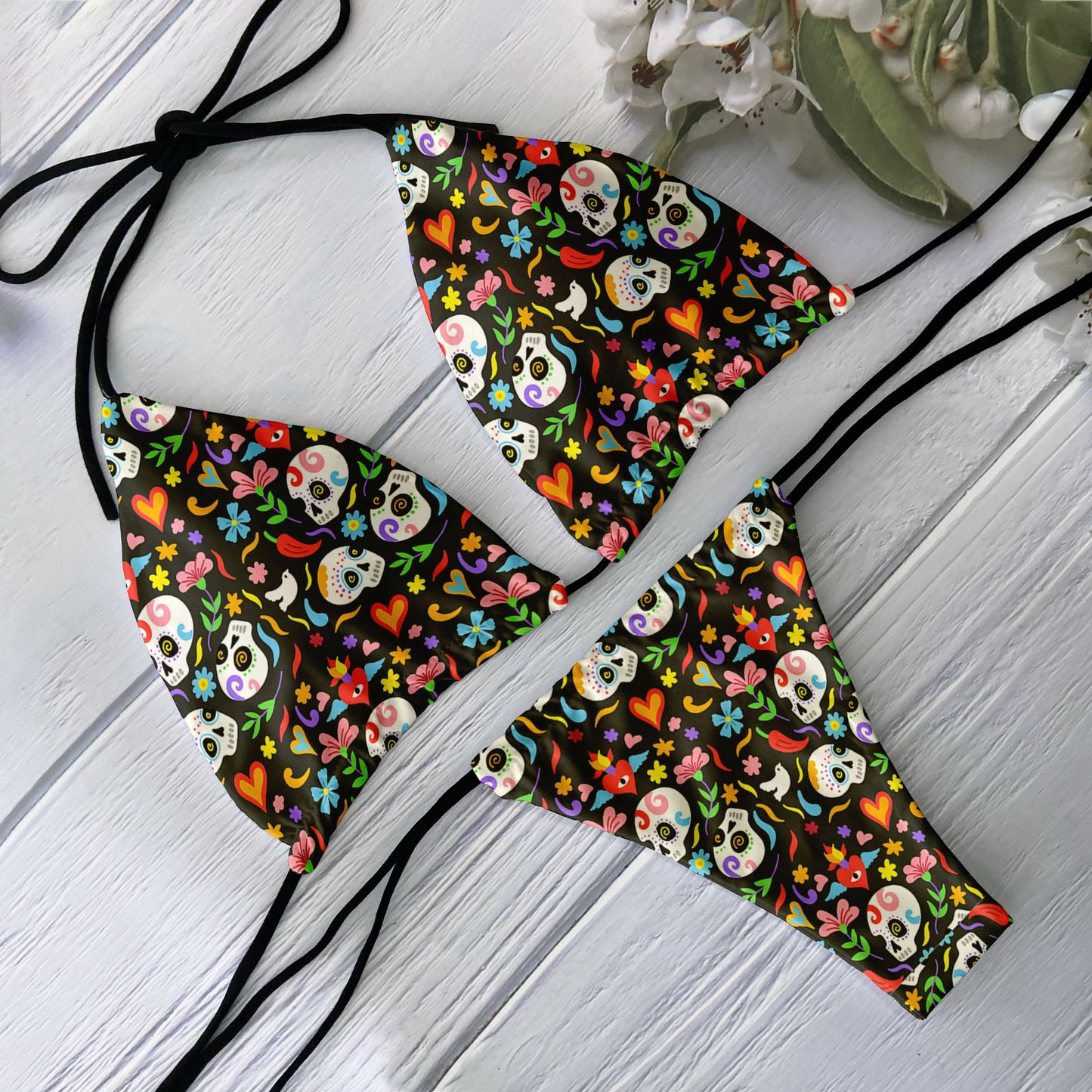 Sexy Gothic Skull Day of the Dead Print Purple Triangle Bikini Swimwear Swimsuit