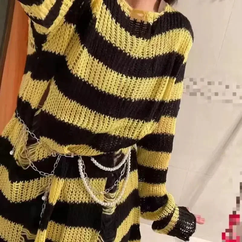 Purple Black Gradient Punk Gothic Long Unisex Sweater Striped Jumper