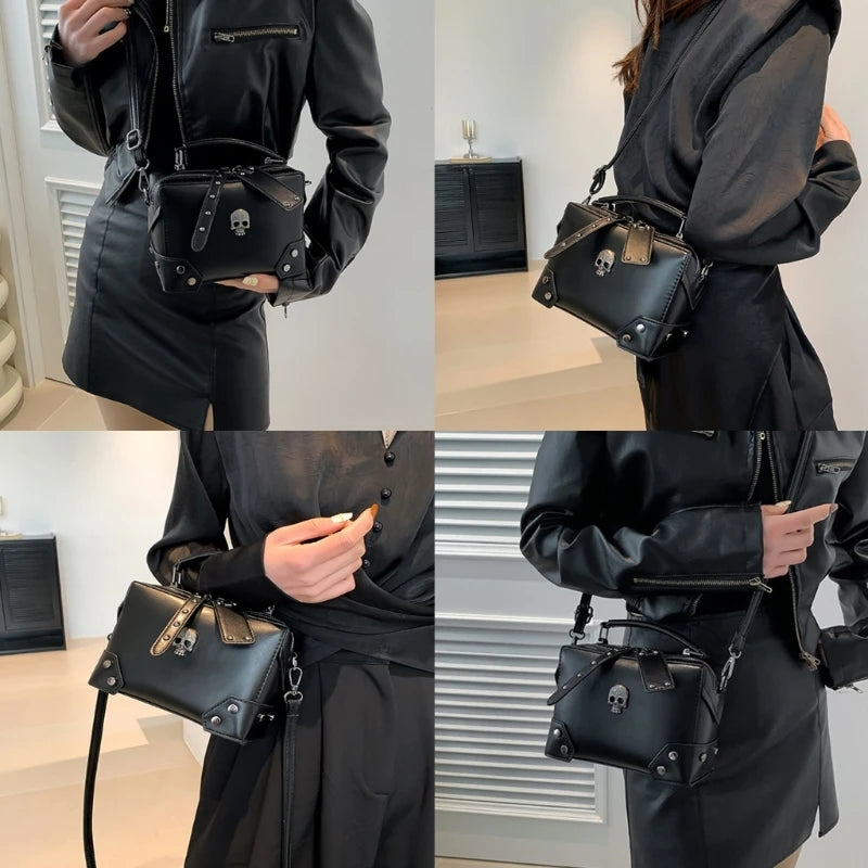 Top Handle PU Leather Crossbody Bag Punk Skull Crosses Small Shoulder Handbag