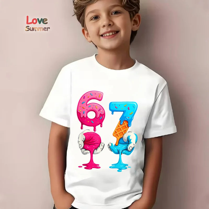 Boys Girls T-Shirt 67 Number Italian Brainrot Summer Top Six Seven Meme Clothes Tshirt