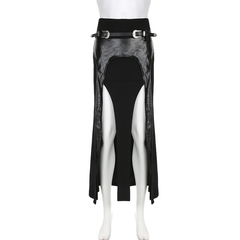Sexy Long Black Gothic Punk Thigh Split Maxi Skirt