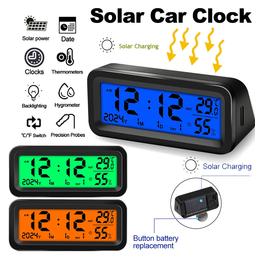 Digital Car Clock Solar/USB Powered Dashboard Garden LCD Backlit