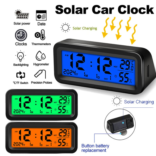 Digital Car Clock Solar/USB Powered Dashboard Garden LCD Backlit