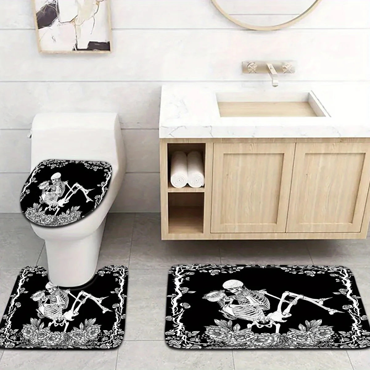 Gothic Skeleton Bathroom Set - Soft & Non-slip Contour Mat, Toilet Cover, Bathtub Mat