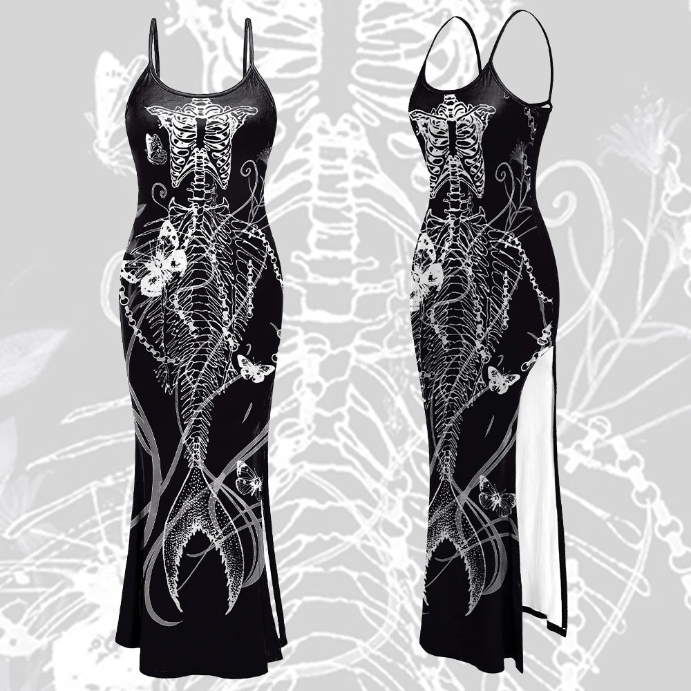 Sexy Punk Camisole Vest Long Dress Gothic Skeleton Pattern