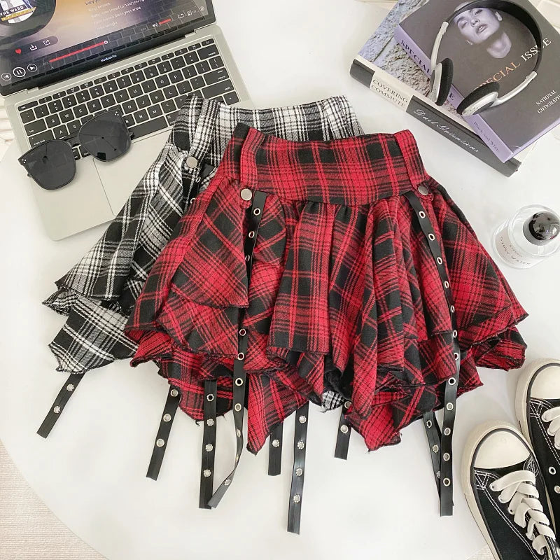 Punk Emo Black White Red Tartan Plaid Handkerchief Skirt