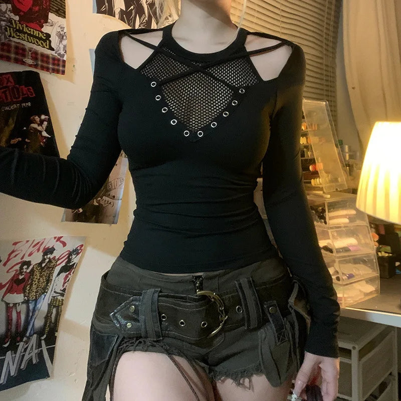 Emo Goth Dark Techwear Black Top Fishnet Gothic Clothing Long Sleeved Top TShirt
