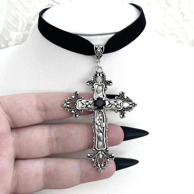 Classic Gothic Large Cross Victorian Vampire Black Velvet Choker Necklace