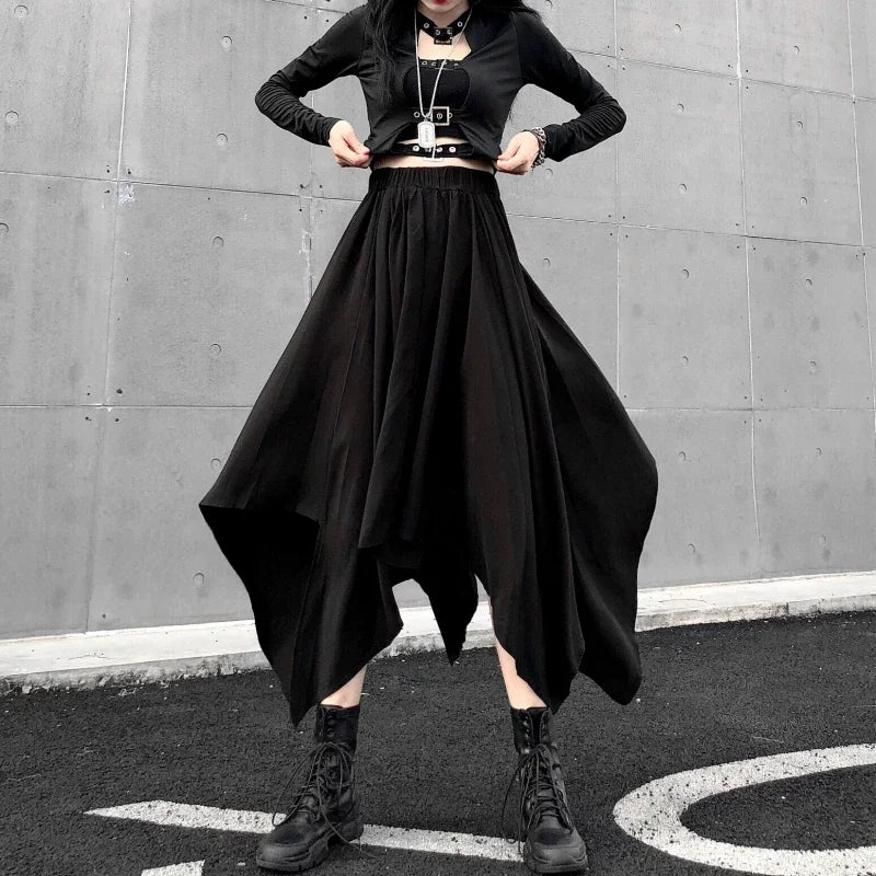 Long Black Punk Gothic Flared Irregular Hem Maxi Skirt