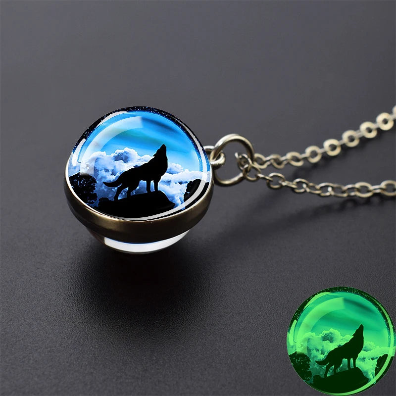Glow in the Dark Wolf Necklaces Howling Wolf Head and Moon 2CM Glass Ball Pendant Double Sided