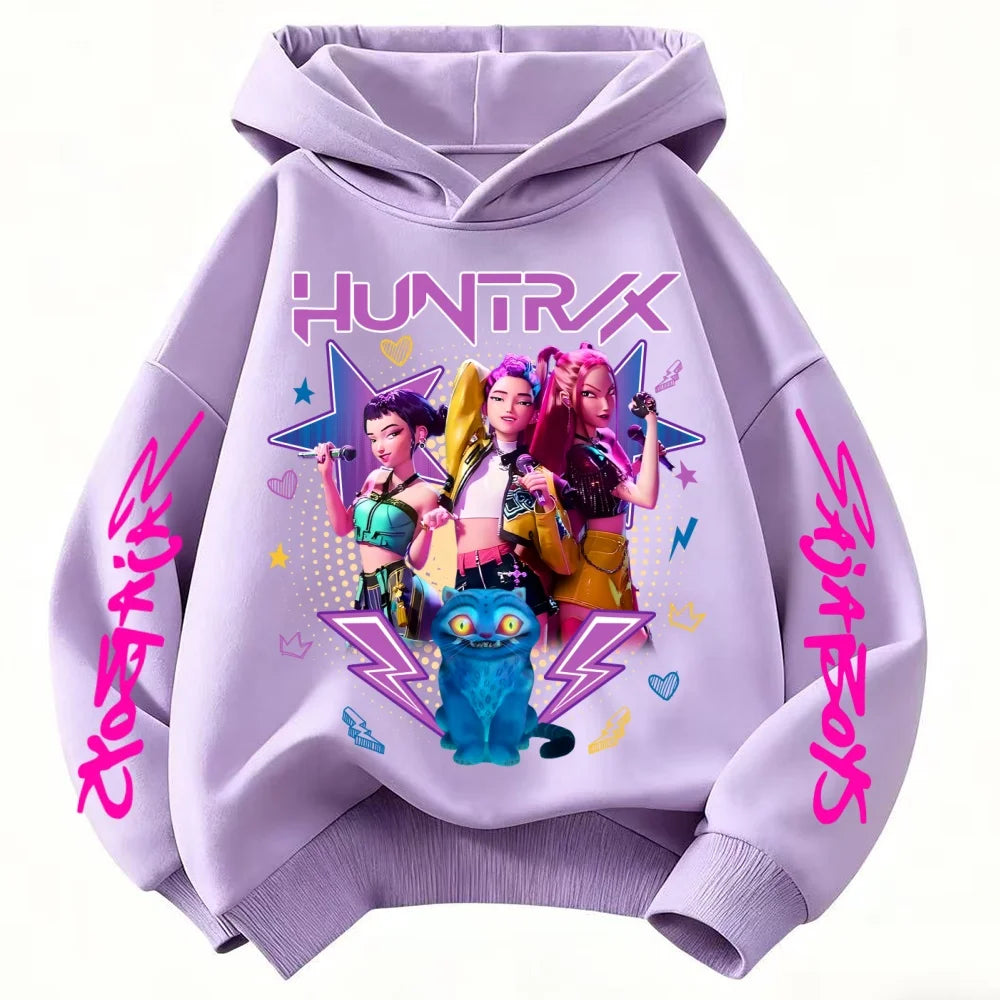 Kpop Demon Hunters Hoodie Girl's Pink Hooded Sweatshirt Huntrix Jumper K-Pop Clothes Top