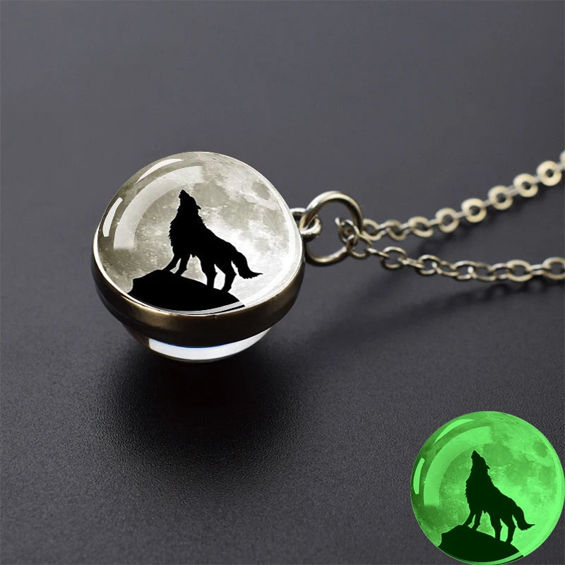 Glow in the Dark Wolf Necklaces Howling Wolf Head and Moon 2CM Glass Ball Pendant Double Sided