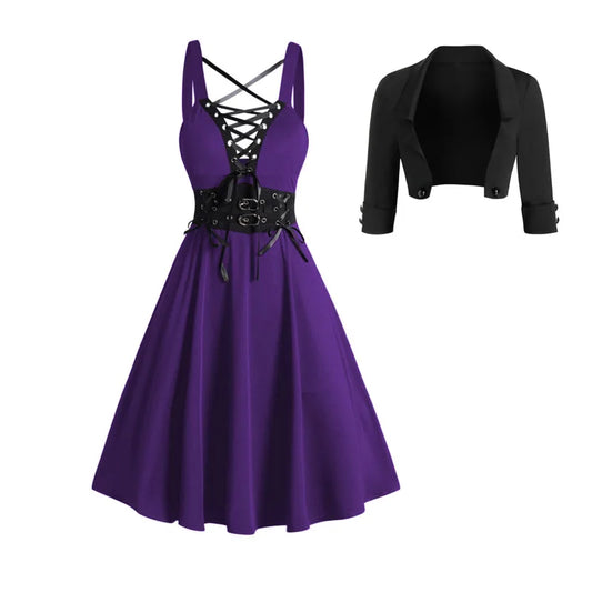 Sexy Purple Vintage Gothic Swing Dress 1950's Jacket Set Outfit