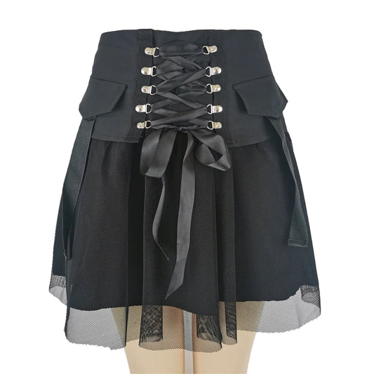 Gothic Black Lace up Chiffon Skirt